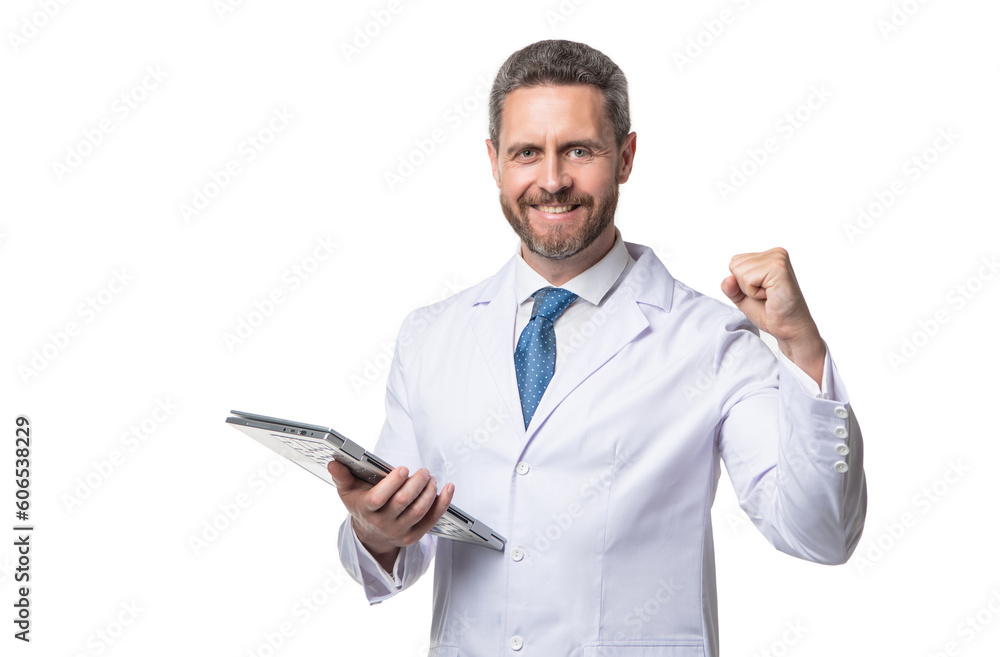 Telehealth doctor make winning geture. Happy man doctor using laptop isolated on white. Ehealth Telehealth doctor make winning geture. Happy man doctor using laptop isolated on white. Ehealth