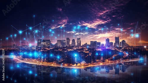 Modern city with wireless network connection and city scape concept. Wireless network and Connection technology concept with city background at night  night city skyline  Generative AI