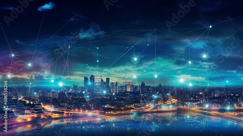 Modern city with wireless network connection and city scape concept. Wireless network and Connection technology concept with city background at night, night city skyline, Generative AI