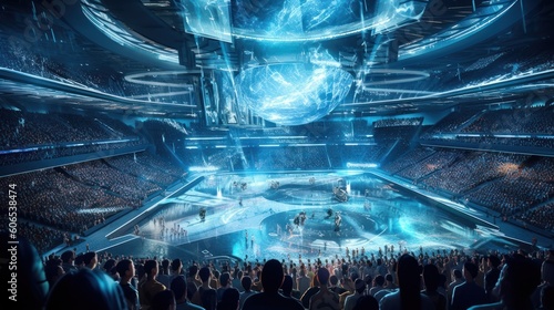 High - tech sports arena for a futuristic sports league, complete with futuristic athletes, gravity - defying stadiums, and advanced holographic displays