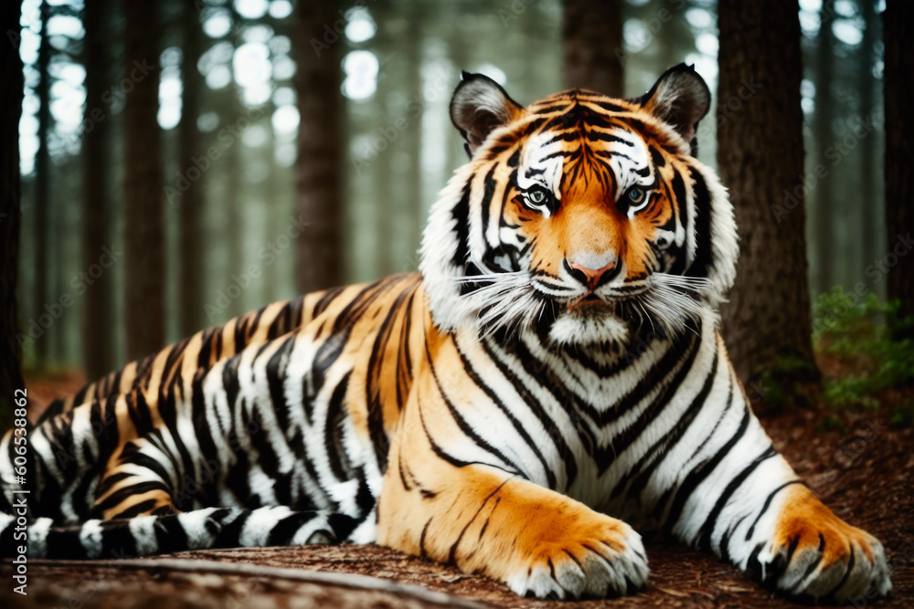 Obraz premium Digital photo of a The Ussuri Tiger in winter coniferous forest on the snowy branches of a fir tree. Wildlife imagery, the concept of ecological environment. Generative AI