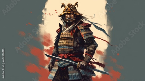 Fierce samurai warrior in traditional armor  wielding a katana and exuding an aura of honor and determination