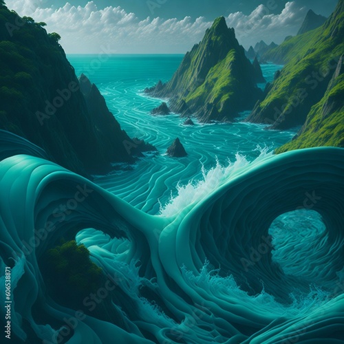 A futuristic, fluid landscape with rolling hills made of giant, massive wave2. photo