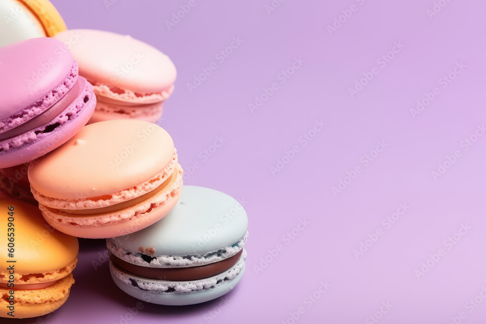 Pretty Delicious macaroons on a pastel purple background with copy space. Creative macaroon template for dessert banner, candy store. Generative AI professional photo imitation. Pretty Delicious macaroons on a pastel purple background with copy space. Creative macaroon template for dessert banner, candy store. Generative AI professional photo imitation.