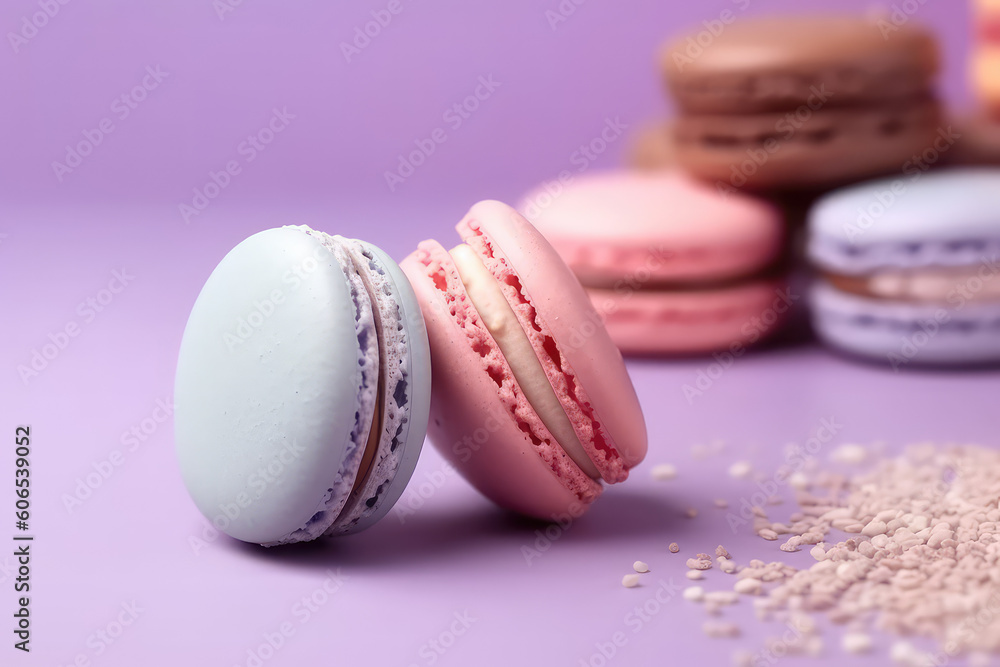 Delicious macaroons on a pastel purple background with vanilla cream, copy space. Creative macaroon template for dessert banner, candy store. Generative AI professional photo imitation. Delicious macaroons on a pastel purple background with vanilla cream, copy space. Creative macaroon template for dessert banner, candy store. Generative AI professional photo imitation.