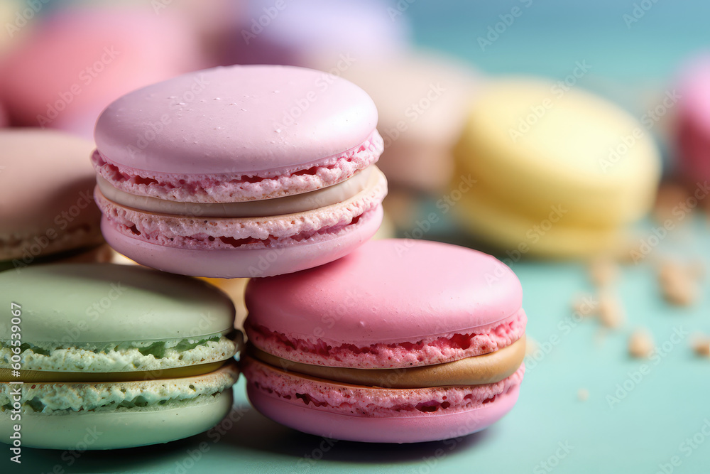 Delicious macaroons on a pastel pink background with cream, copy space. Creative macaroon template for dessert banner, candy store. Generative AI professional photo imitation. Delicious macaroons on a pastel pink background with cream, copy space. Creative macaroon template for dessert banner, candy store. Generative AI professional photo imitation.