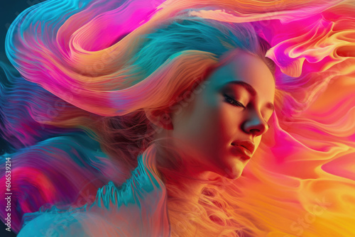 Illustration of a woman in psychedelic neon waves. Generative AI.