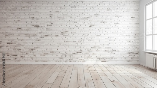 white bricks wall and wood floor - empty room with floor  Generative AI