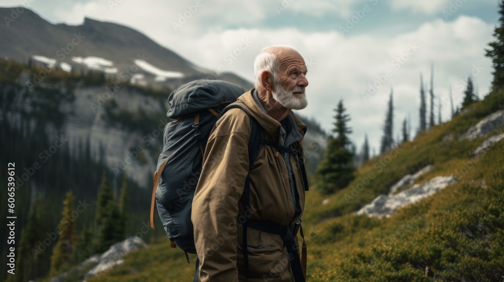 An older man hiking in the mountains, still embracing adventure and the beauty of the great outdoors. Generative AI