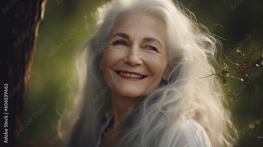 A beautiful older woman with flowing silver hair and a radiant smile, enjoying the beauty of nature. Generative AI A beautiful older woman with flowing silver hair and a radiant smile, enjoying the beauty of nature. Generative AI