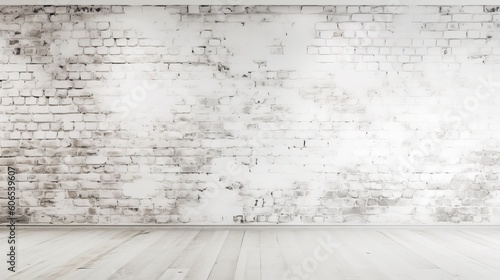 White painted old brick Wall panoramic background - white brick wall background - background with space - empty room with wall, Generative AI