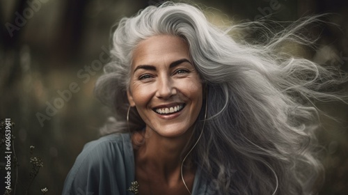 A beautiful older woman with flowing silver hair and a radiant smile, enjoying the beauty of nature. Generative AI