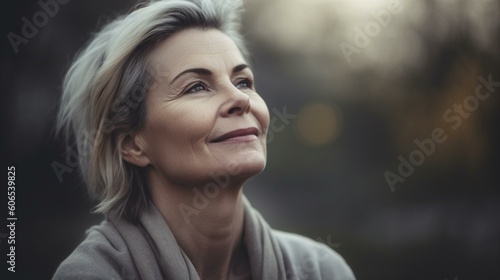 A beautiful older woman with a serene smile, enjoying a moment of meditation and mindfulness. Generative AI