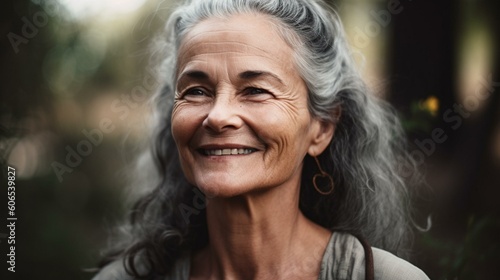 A beautiful older woman with a serene smile, enjoying a moment of meditation and mindfulness. Generative AI