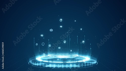 Motion graphic of Blue digital robot icon levitation and circle futuristic HUD with Ai chatbot and machine learning technology with artificial intelligence concepts on abstract background