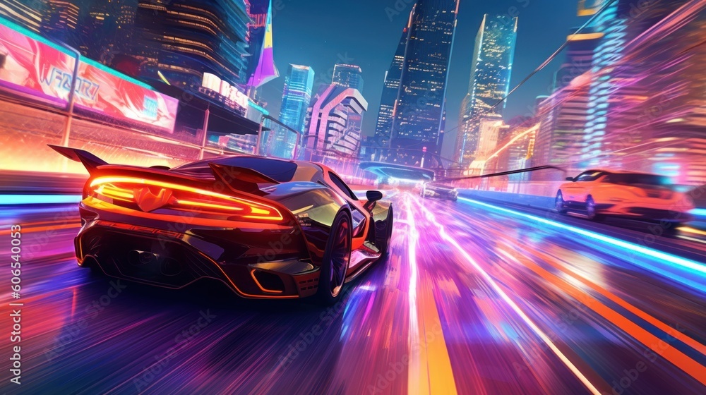 Illustrate a high - octane futuristic racing scene, featuring sleek hovercraft or hyper - fast vehicles speeding through neon - lit tracks with twists, turns, and challenging obstacles Illustrate a high - octane futuristic racing scene, featuring sleek hovercraft or hyper - fast vehicles speeding through neon - lit tracks with twists, turns, and challenging obstacles