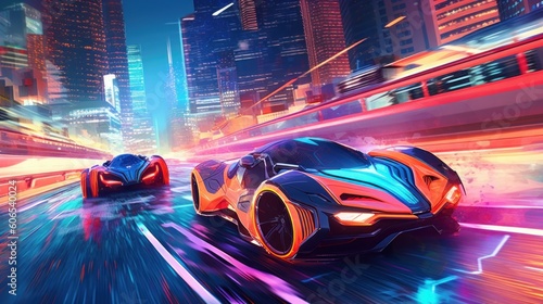 Illustrate a high - octane futuristic racing scene, featuring sleek hovercraft or hyper - fast vehicles speeding through neon - lit tracks with twists, turns, and challenging obstacles © Damian Sobczyk