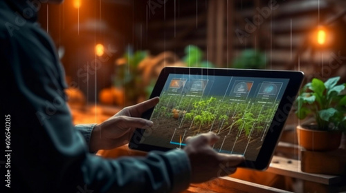 Generative A.I. smart farming, futuristic agriculture concept: farmer carrying smart tablet, diagrams, statistics, graphic