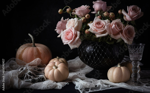 A black vase filled with pink roses and pumpkins. AI generative Halloween display. © Friedbert