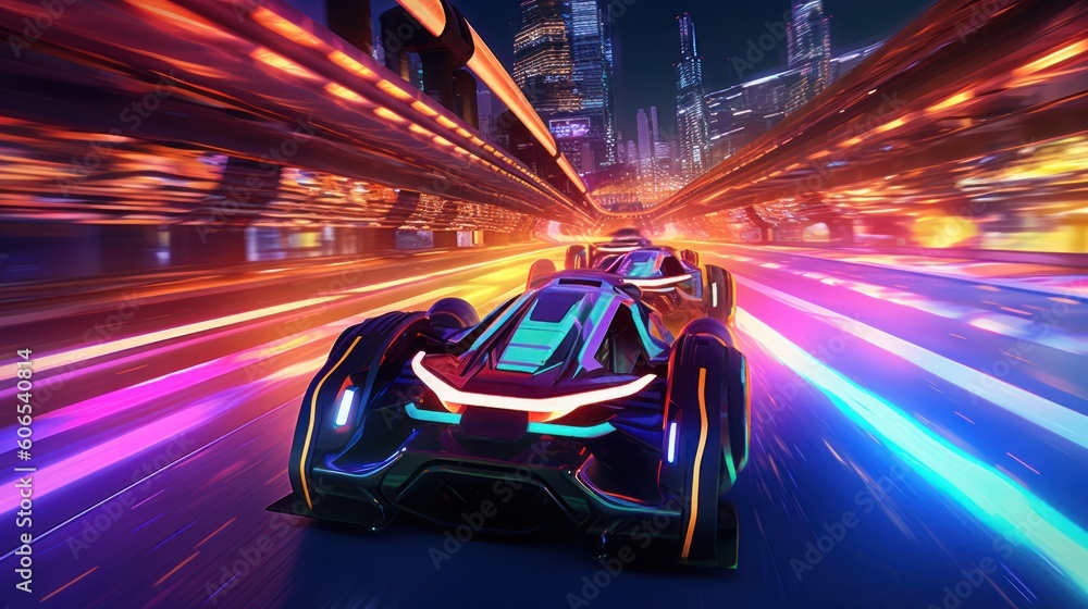 Illustrate a high - octane futuristic racing scene, featuring sleek hovercraft or hyper - fast vehicles speeding through neon - lit tracks with twists, turns, and challenging obstacles