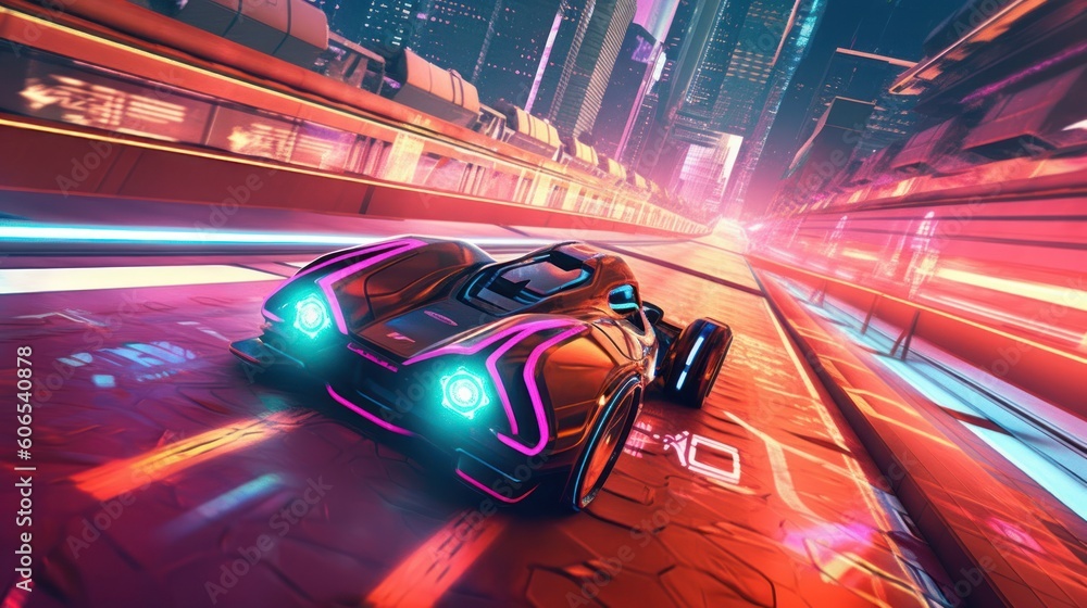Illustrate a high - octane futuristic racing scene, featuring sleek hovercraft or hyper - fast vehicles speeding through neon - lit tracks with twists, turns, and challenging obstacles