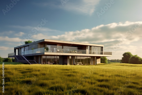 A house sitting on top of a lush green field. Generative AI. © Friedbert
