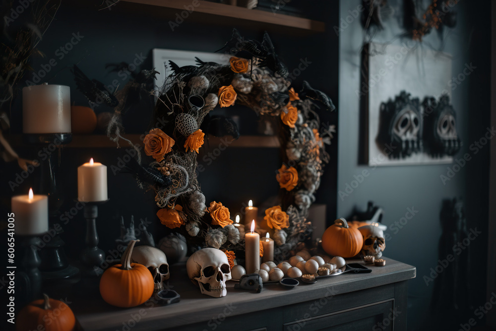 Obraz premium A wreath of skulls and pumpkins on a mantle. AI generative.