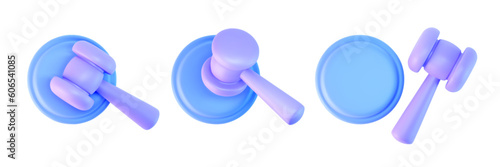 3d blue judge gavel top view icons isolated on white background. Render of auction hammer and concept of law and judgment. 3d cartoon simple vector illustration