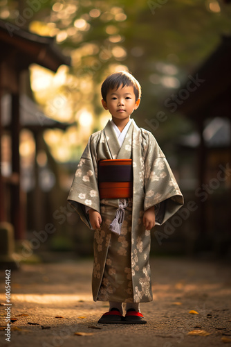 A young boy in a kimono standing on a path. Generative AI. Shichi-Go-San festival day.