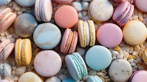A top view shot of a textured pattern of assorted macarons in pastel colors, ai generative
