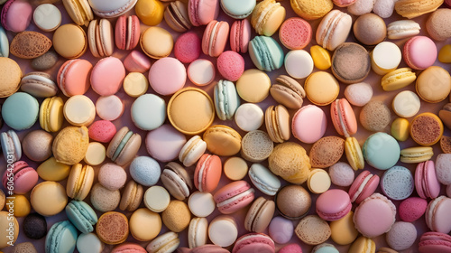 A top view shot of a textured pattern of assorted macarons in pastel colors, ai generative © DeliciousFood