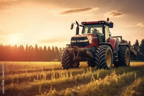 Modern Tractor Working at Sunset  Generative Ai