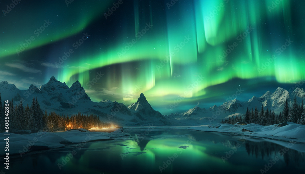 Northern lights above the mountains. Aurora borealis. Night landscape with Aurora Borealis. The Arctic and Northern light. beautiful view, Generative AI