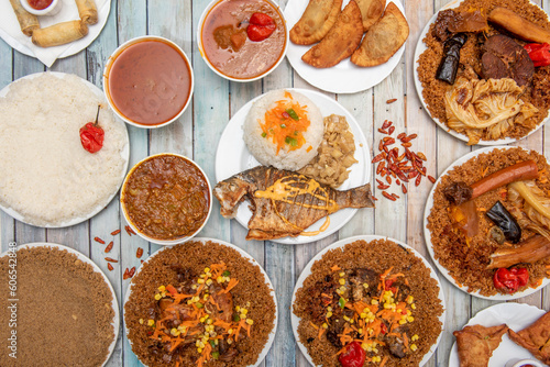 Set of assorted African food dishes