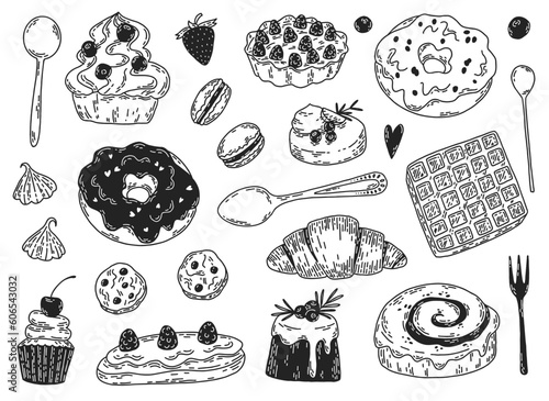 Set of different desserts and spoons. Cute vector hand-drawn black and white illustration. Cupcakes, donuts, macaroons, cookies