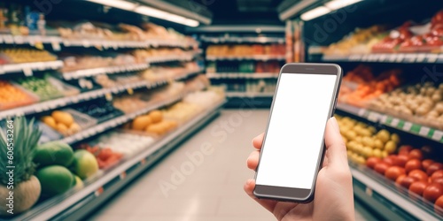 Grocery online. Phone with a hand on the background of a supermarket with groceries.