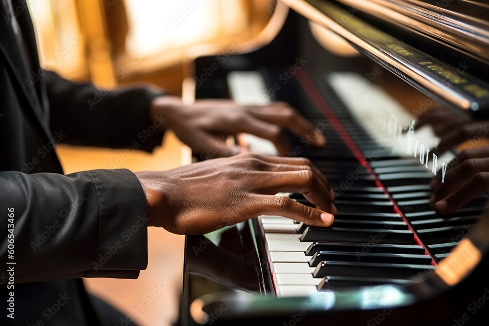 Obraz premium Detail of a pianist interpreting a piece with passion. Ai generated.