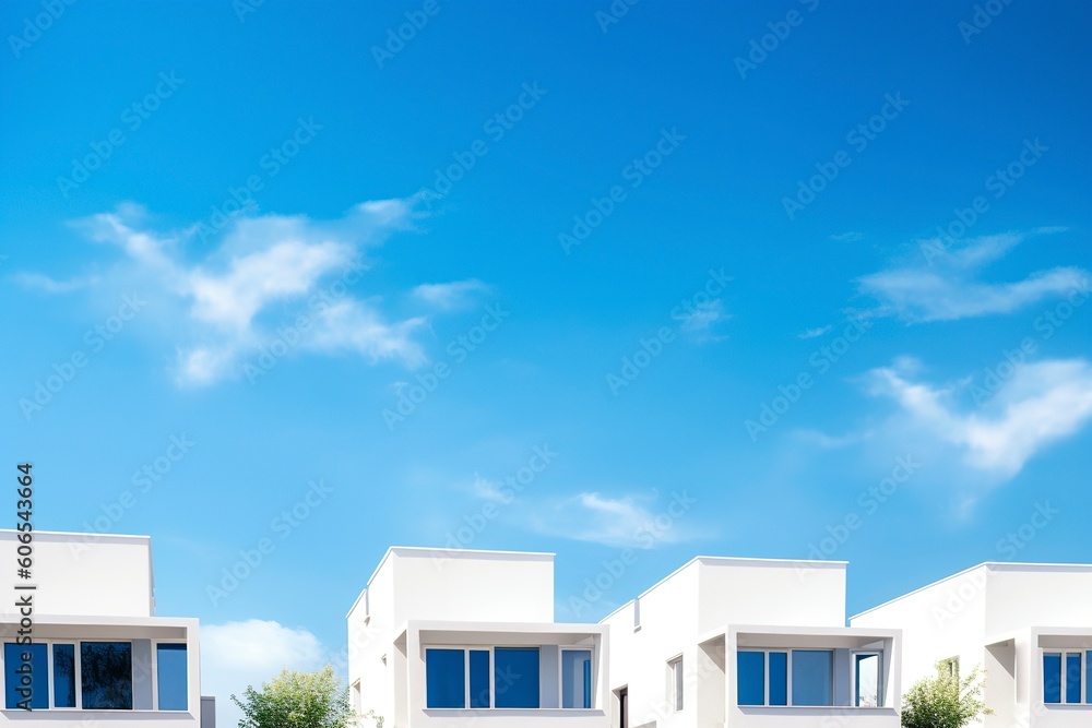 New houses in a residential neighborhood, with lots of blue sky and copy space. Ai generated.
