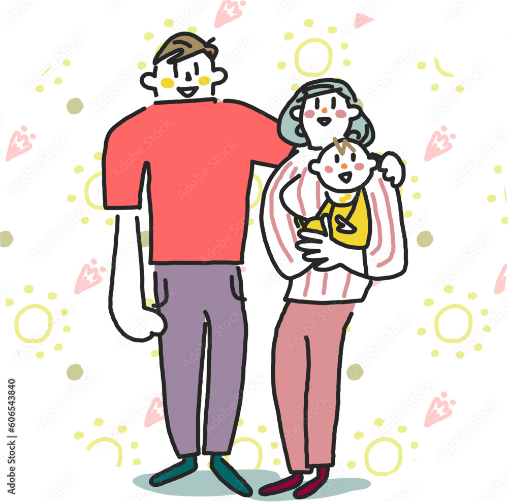 Fototapeta premium 小さな赤ちゃんを抱っこした若い夫婦 イラスト素材 