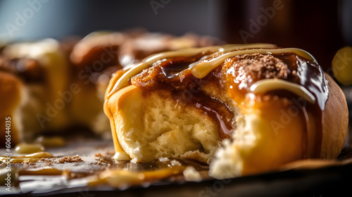 A close-up shot of a freshly baked cinnamon roll with a caramel glaze, capturing the warmth and comfort of homemade treats, ai generative