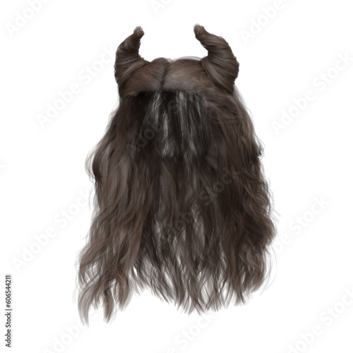 3d render brown brunette straight hair with horns isolated