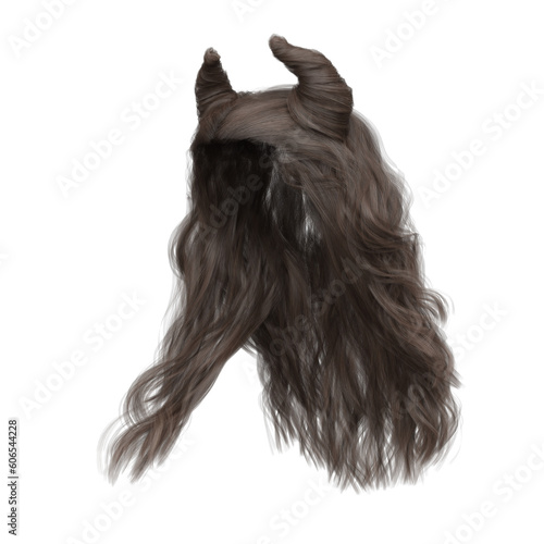 3d render brown brunette straight hair with horns isolated