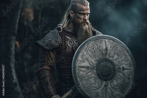 Warrior Viking in full arms with axe and shield on dark background. Generative AL