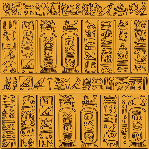 Ancient egyptian hieroglyphs alphabet pattern over black background. Ancient egyptian and ancient culture concept