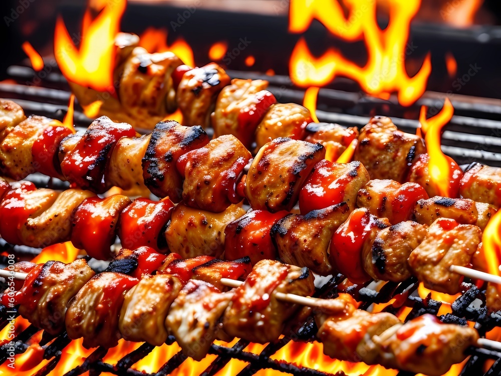 shish kebab on skewers are fried on the grill with fire shish kebab on skewers are fried on the grill with fire
