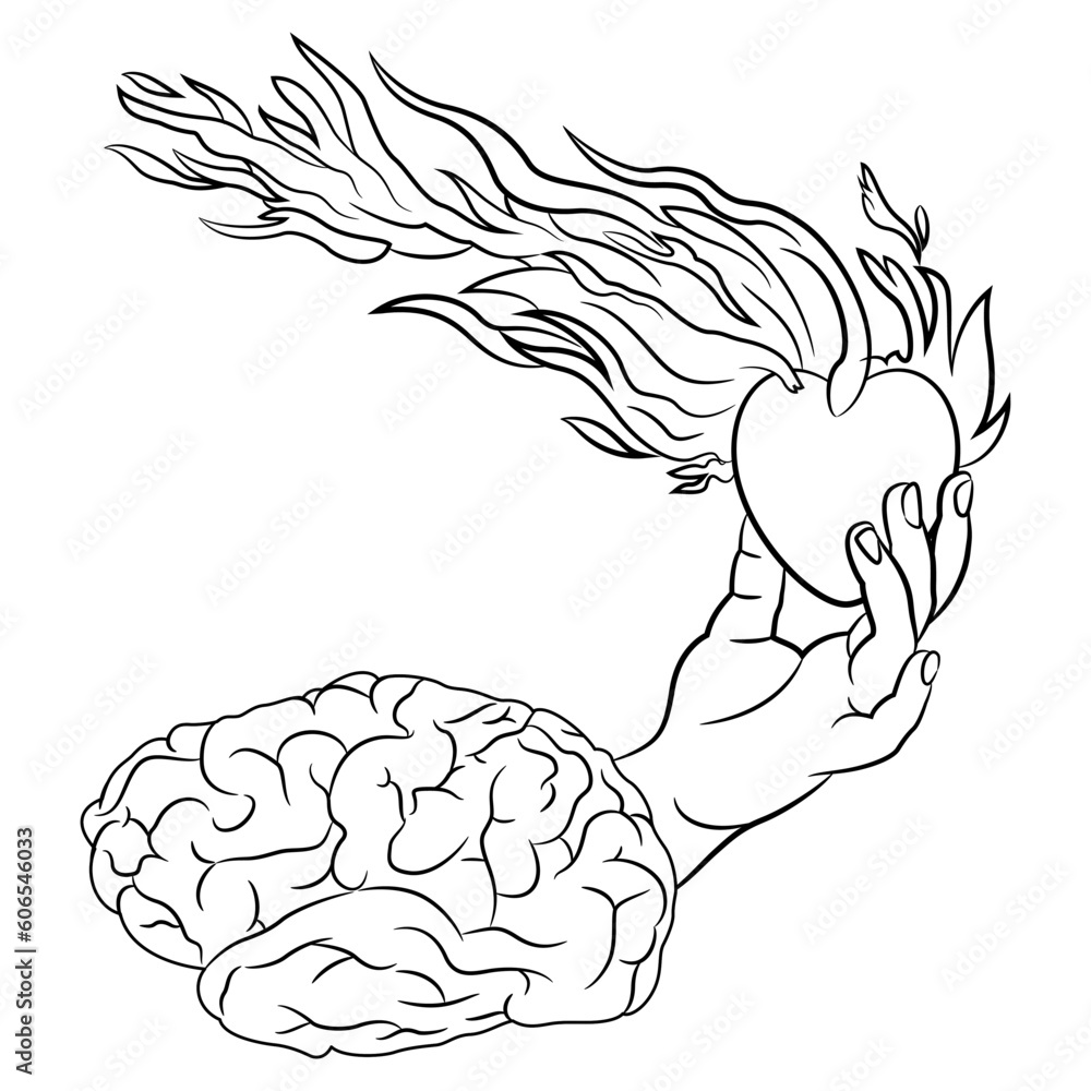 Obraz premium Human hand emerging from brain and holding burning heart. Creative concept of love and emotion versus mental control. Black and white linear silhouette.