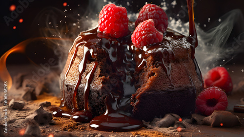 Chocolate lava cake with strawberries, highlighting its rich and indulgent nature, ai generative