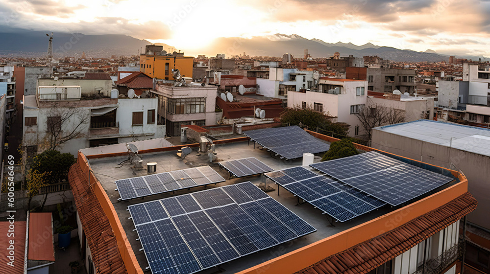 Illustration of a photovoltaic elements integrated an a roof of a building in an south american city, sustainable green engergy, ai-generatet