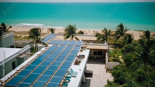 Illustration of a photovoltaic elements integrated an a roof of a hotel on a dream beach, sustainable green engergy, ai-generatet © Infini Craft