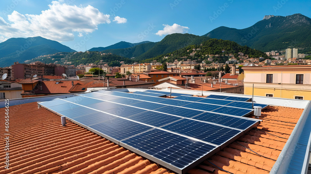 Illustration of a photovoltaic elements integrated an a roof of a building in an south european city, sustainable green engergy, ai-generatet